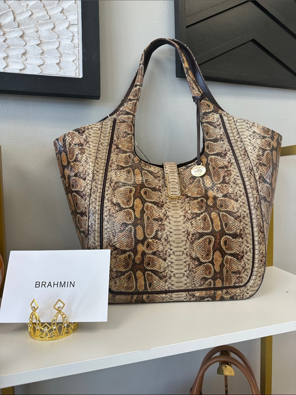 Brahmin Brown Snake-Print Tote with Cream Accents